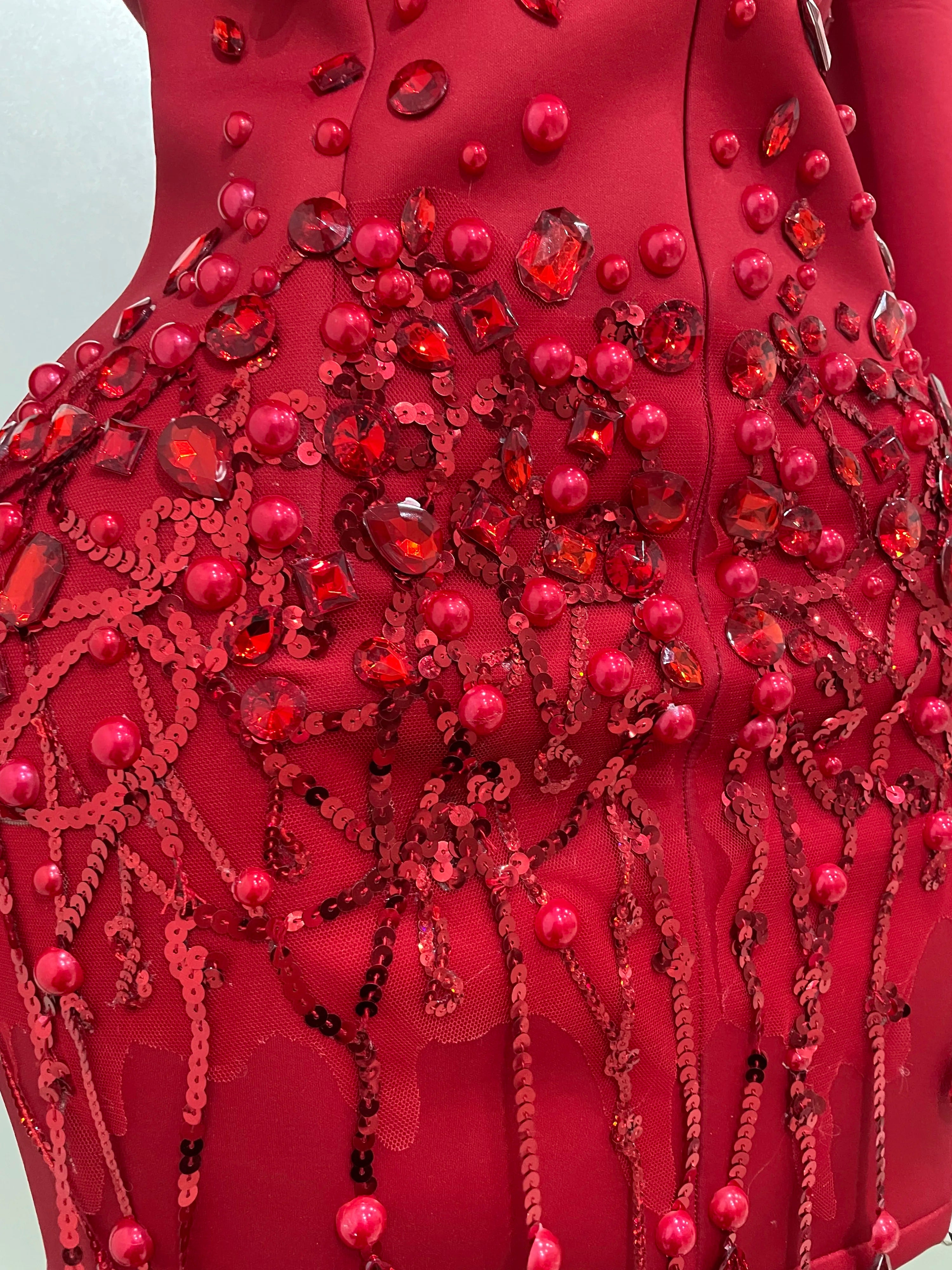 Sparkly Crystal Chains Pearls Long Sleeve Mini Dress 2025 Women Birthday Evening Party Nightclub Outfit Singer Wedding Costume