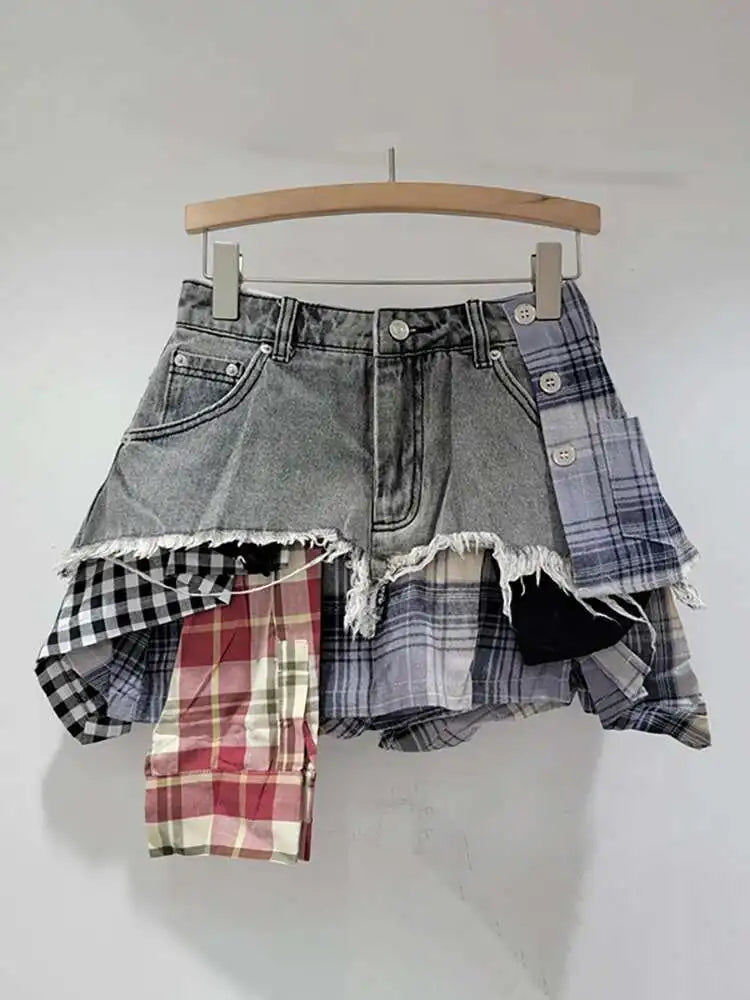 DEAT Women's Denim Skirt Colored Plaid Patchwork Irregular Deconstructed A-line High Waist Mini Skirt 2025 Summer New Fashion