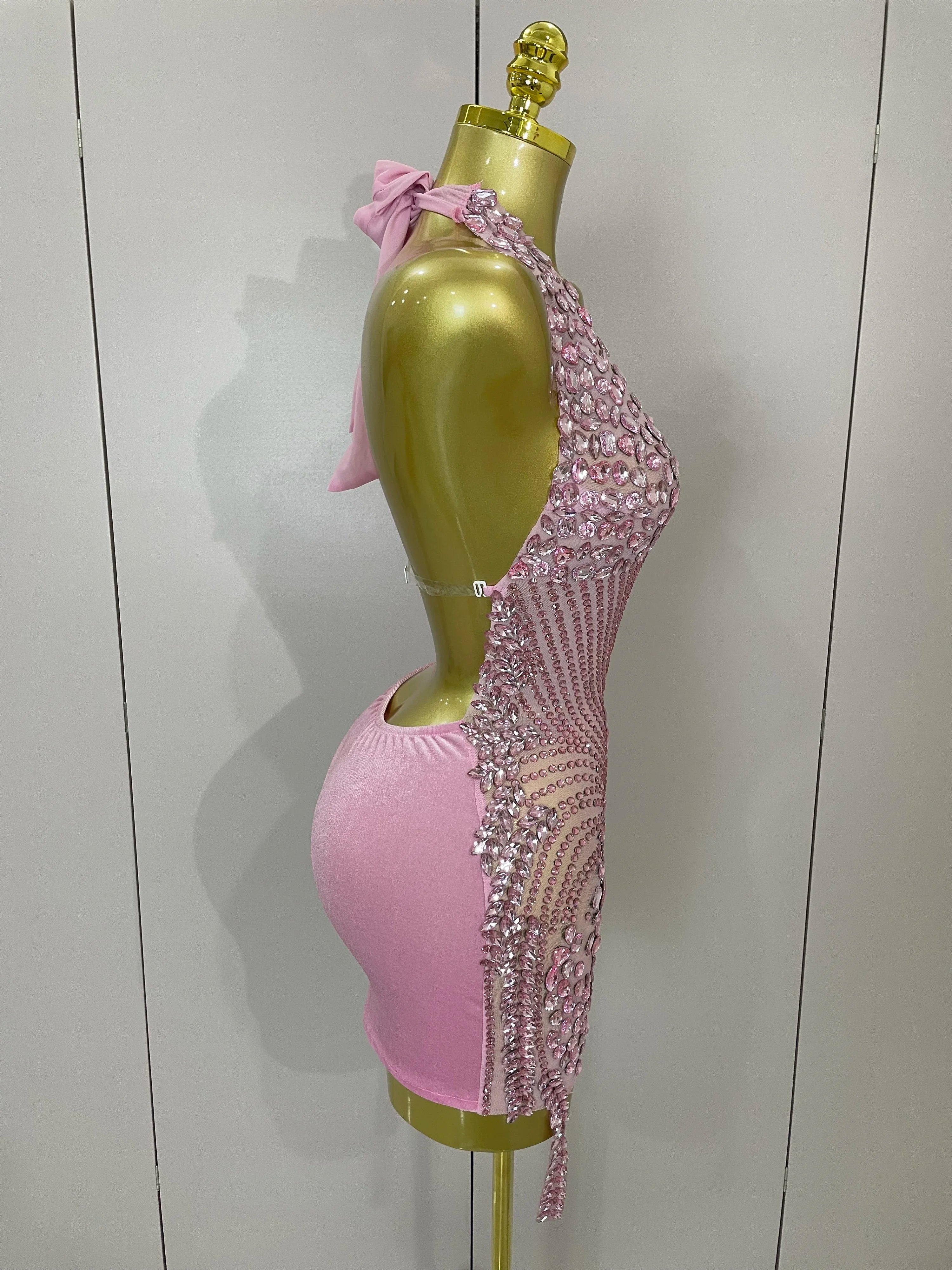 2025 New Sexy Sparkly Rhinestones Halter Backless Mesh Velour Short Dress Women Evening Prom Celebrate Birthday Party Stage Wear