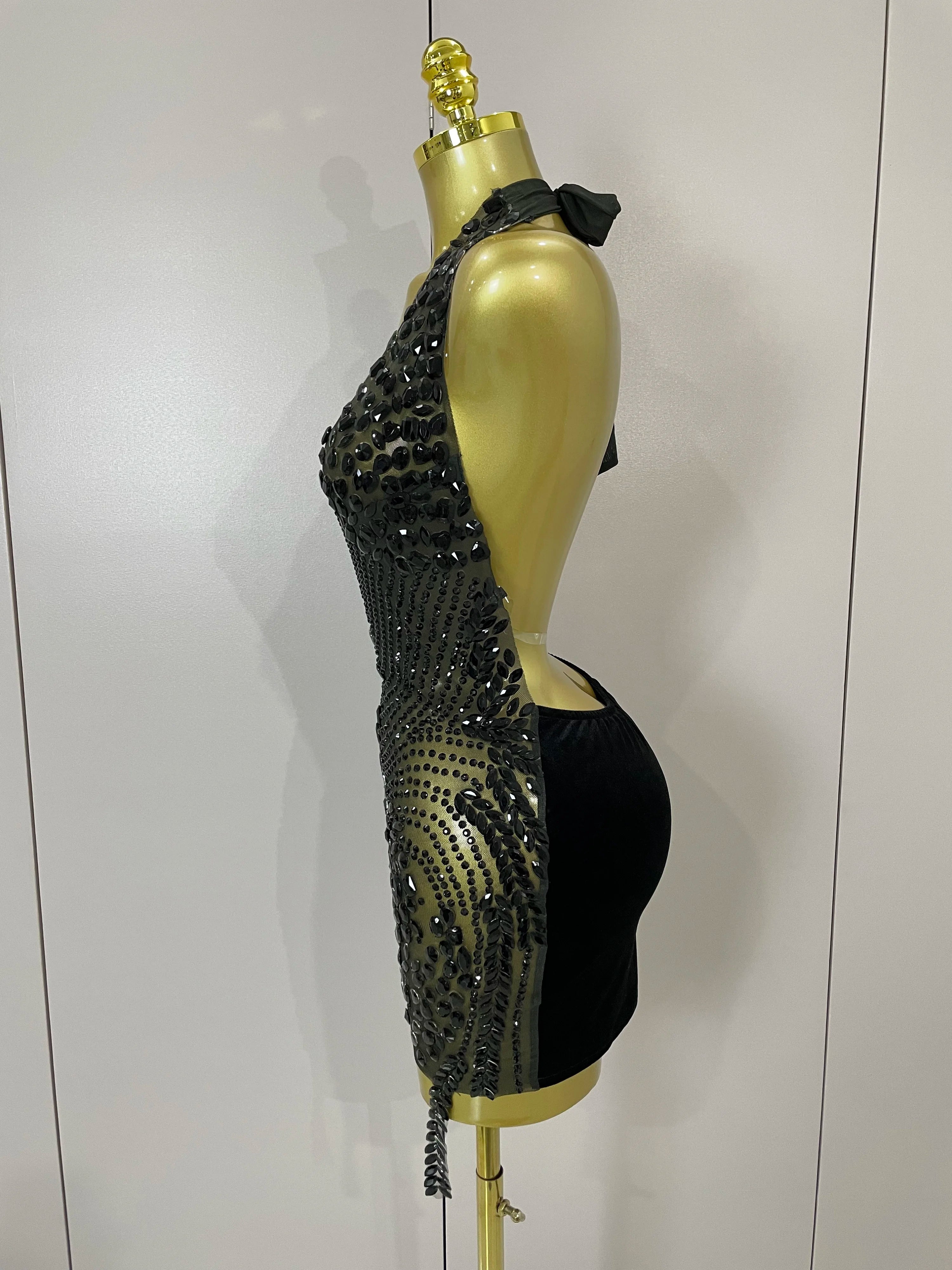 2025 New Sexy Sparkly Rhinestones Halter Backless Mesh Velour Short Dress Women Evening Prom Celebrate Birthday Party Stage Wear