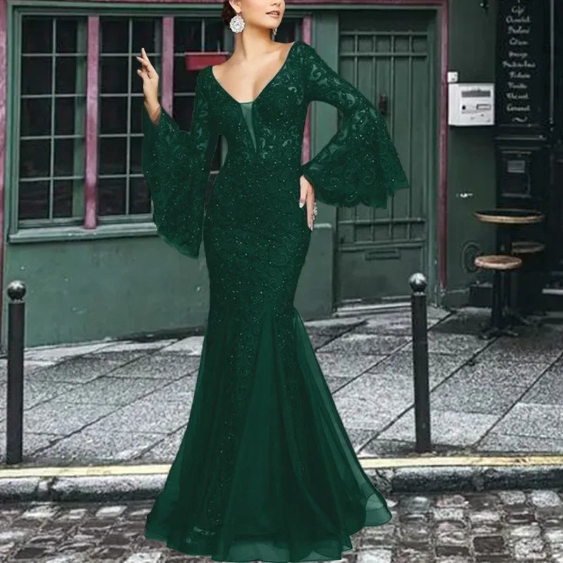 New 2025 Women's Sexy V Neck Long Flare Sleeve Wedding Party Dresses  Female Evening Elegant Night Club Prom Long Maxi Dresses