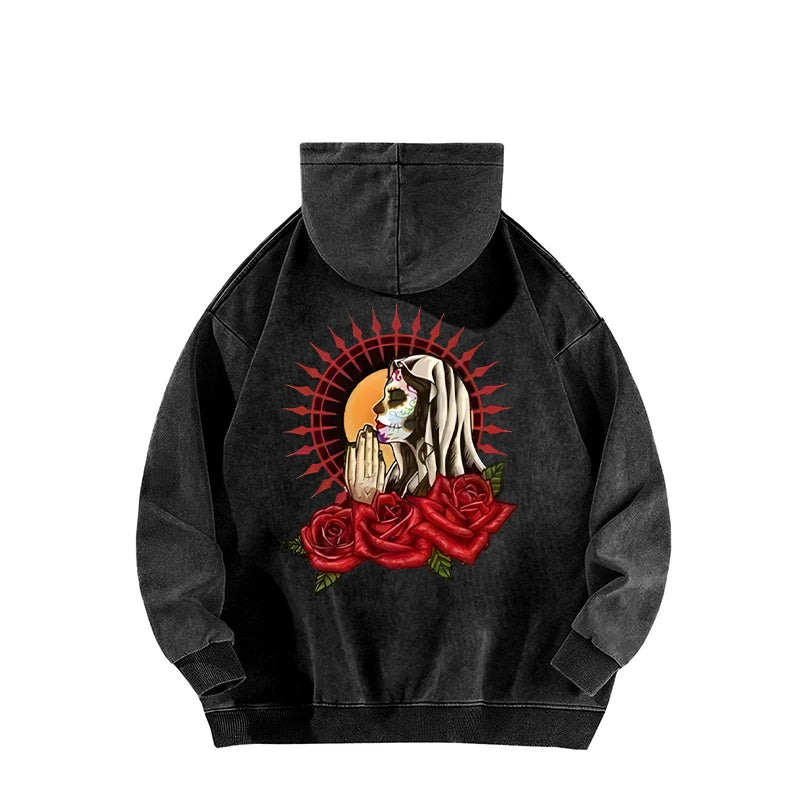 Halloween Tops 2025 Multicolored Horror Skull Rose Pattern Printed Washed Hoodie Men Plus Size Hooded Women Trendy Cotton Hoodie