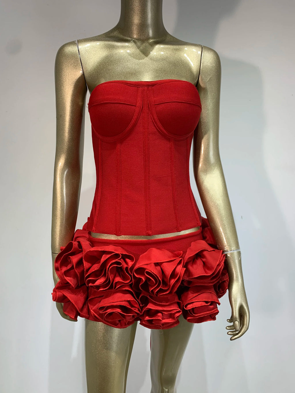 Women Red Bodycon Mini Bandage Outfits Club Party Strapless Laced Up Back Tops And Mini Short Skirts Two Piece Sets Nightwears