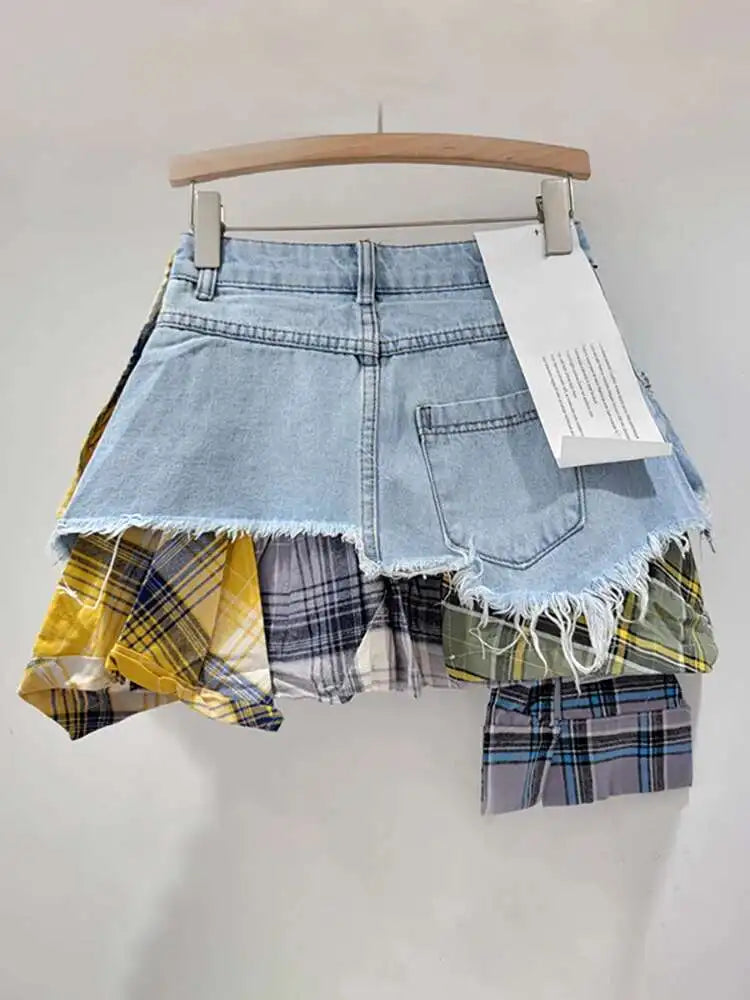 DEAT Women's Denim Skirt Colored Plaid Patchwork Irregular Deconstructed A-line High Waist Mini Skirt 2025 Summer New Fashion