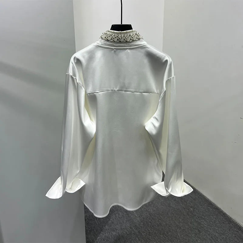 Men's 2025 Spring New Trendy Personality Pearl Rhinestone Stand Collar Top Male Pearl Satin V-neck Shirts Men's Niche Chic Shirt