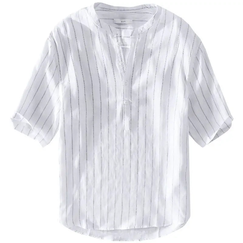 Fashionable Men's Tops Loose and Versatile Striped Stand Collar Short-sleeved Shirt for Men's Summer Fresh Breathable Pullover