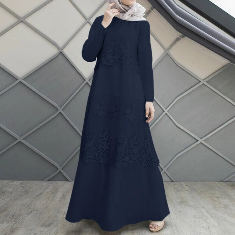 ZANZEA Autumn Lace Patchwork Maxi Dresses Muslim Abaya Hijab Dress Women Long Sleeve O Neck IsIamic Robe Vestidos Kaftan 2025