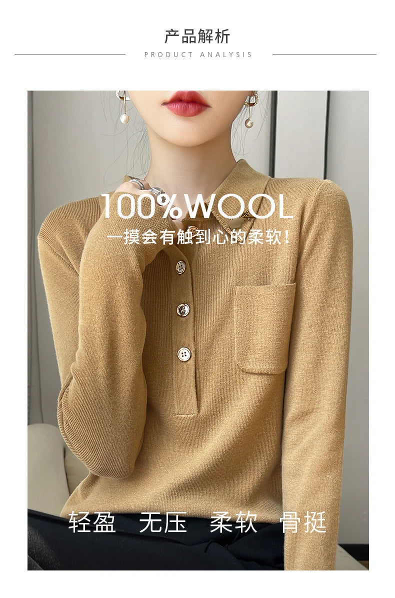 Women 100% Pure Merino Wool Soft Sweater Polo Collar Pullover Autumn Winter Casual Knit Tops Solid Color Regular Female Knitwear