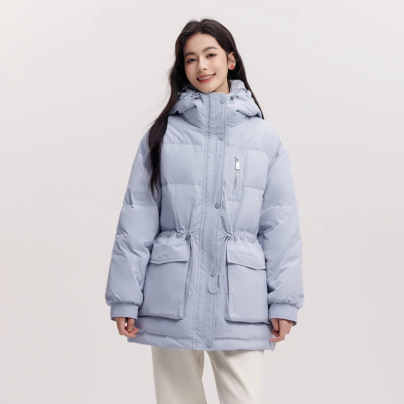 Semir Mid-Length Down Jacket Women Hooded Loose Fit Waist Cinching 2025 New Winter Minimalist Style