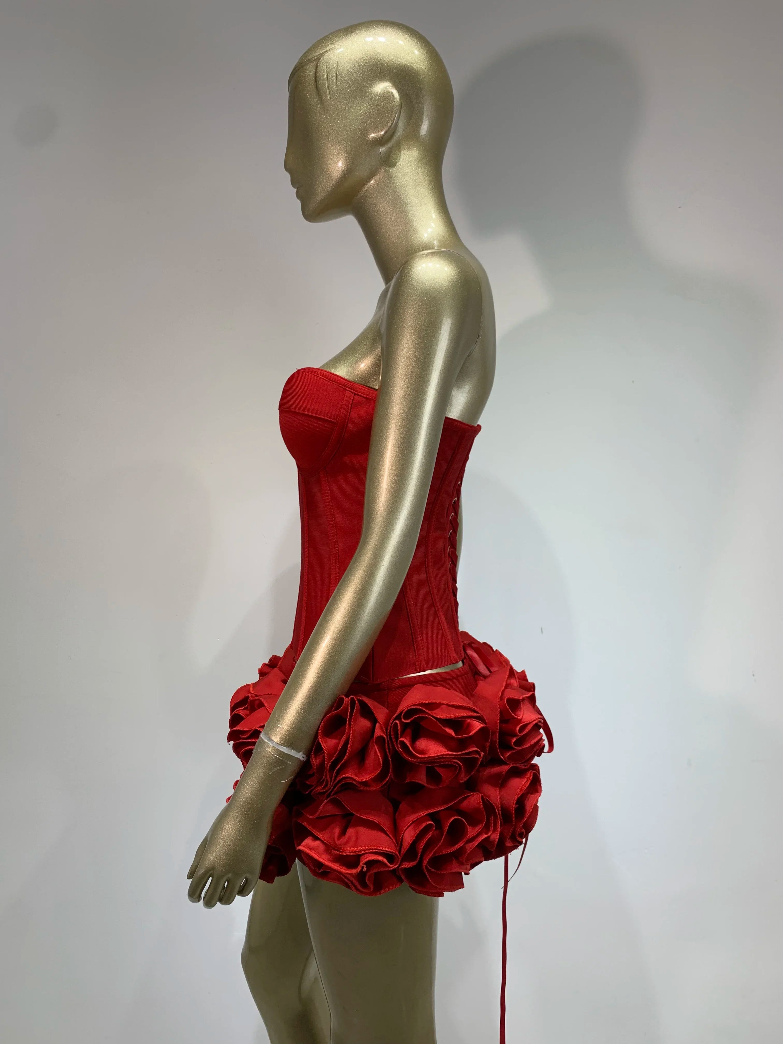 Women Red Bodycon Mini Bandage Outfits Club Party Strapless Laced Up Back Tops And Mini Short Skirts Two Piece Sets Nightwears