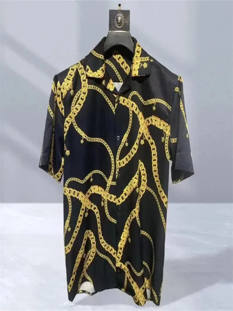 2025 men's high-quality short sleeved shirt with luxurious golden Baroque string print, Cuban collar shirt, suitable for street