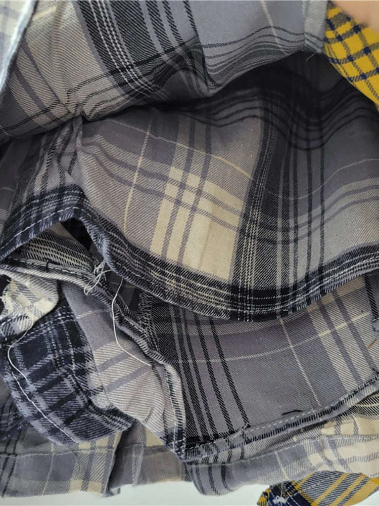 DEAT Women's Denim Skirt Colored Plaid Patchwork Irregular Deconstructed A-line High Waist Mini Skirt 2025 Summer New Fashion