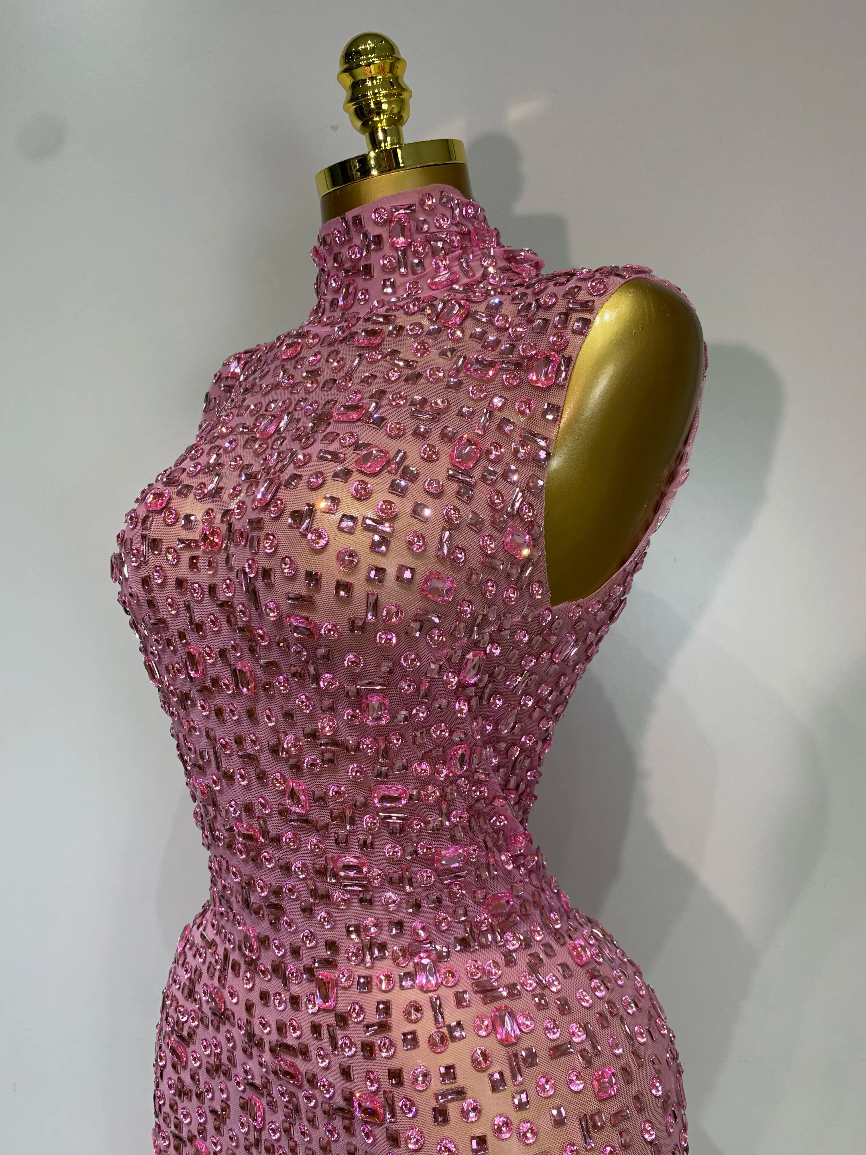 Sparkly Rhinestone Sleeveless Stretch Long Dress Women Sexy Mesh Celebrate Evening Prom Luxury Birthday Dress Evening Party Wear