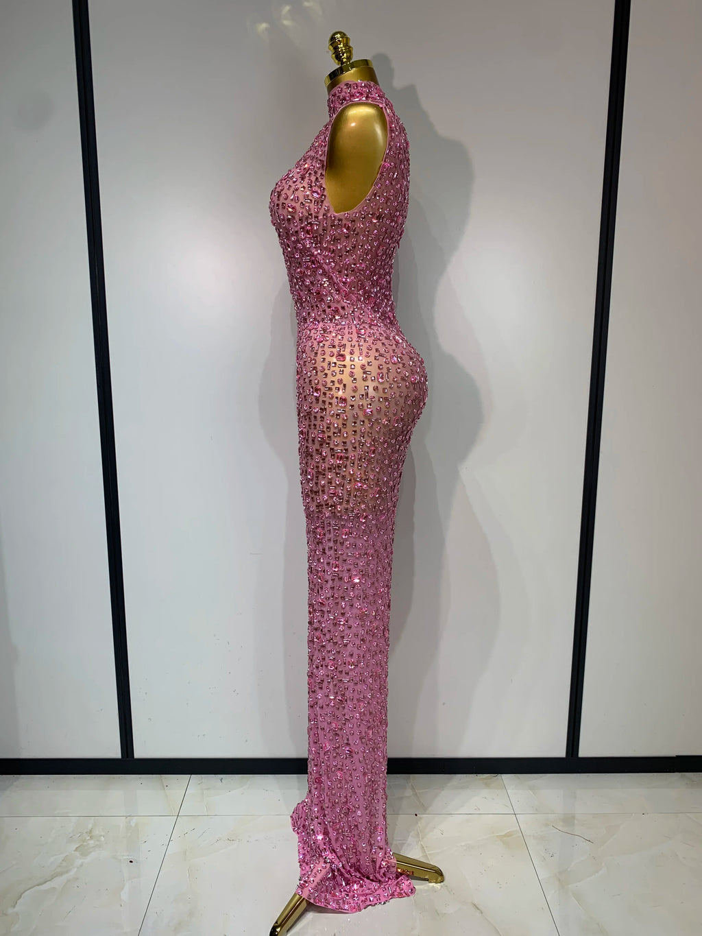 Sparkly Rhinestone Sleeveless Stretch Long Dress Women Sexy Mesh Celebrate Evening Prom Luxury Birthday Dress Evening Party Wear