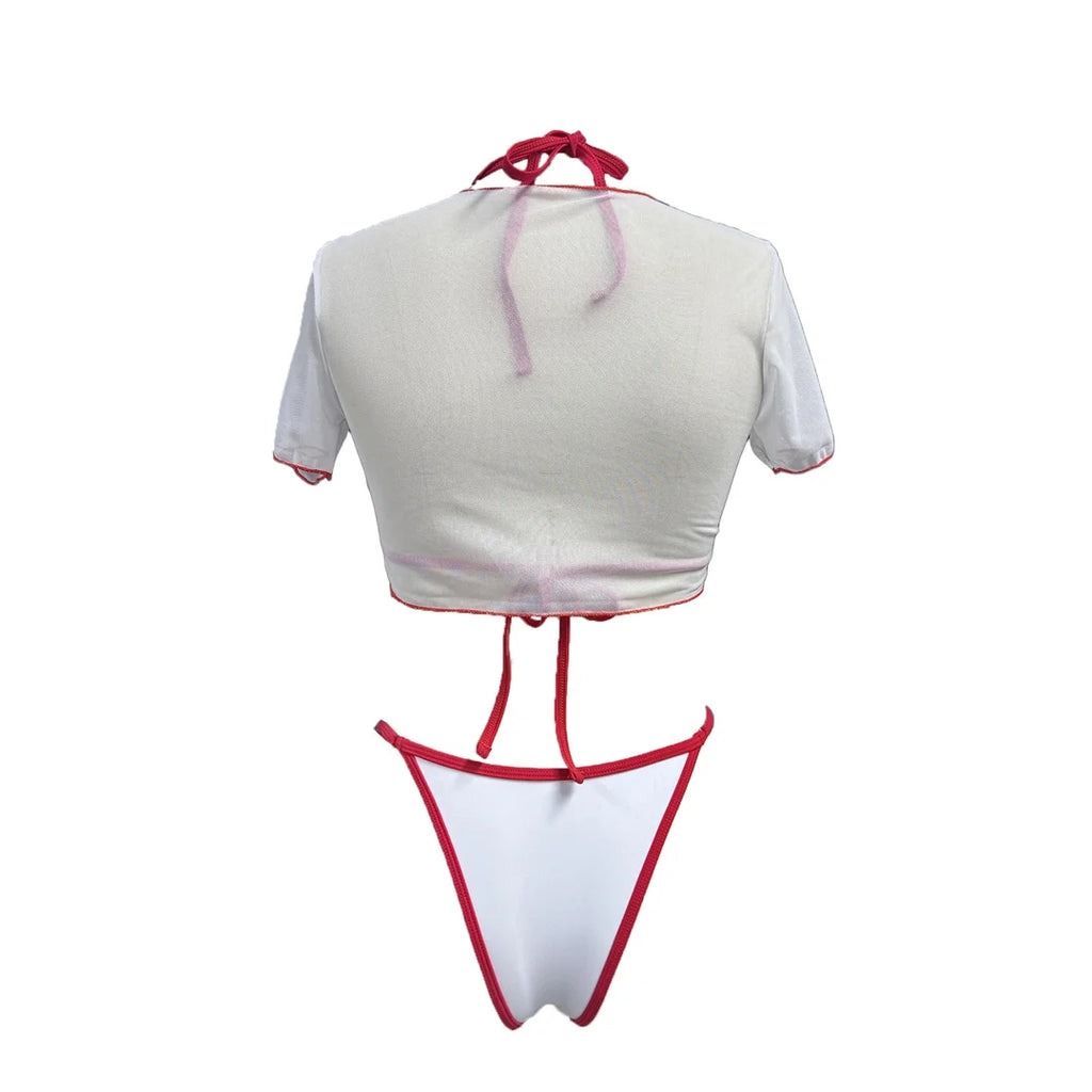 XS - L Cherry Printed Short Sleeve Bikini Female Swimsuit Women Swimwear Three-pieces Bikini set Bather Bathing Suit Swim V6854