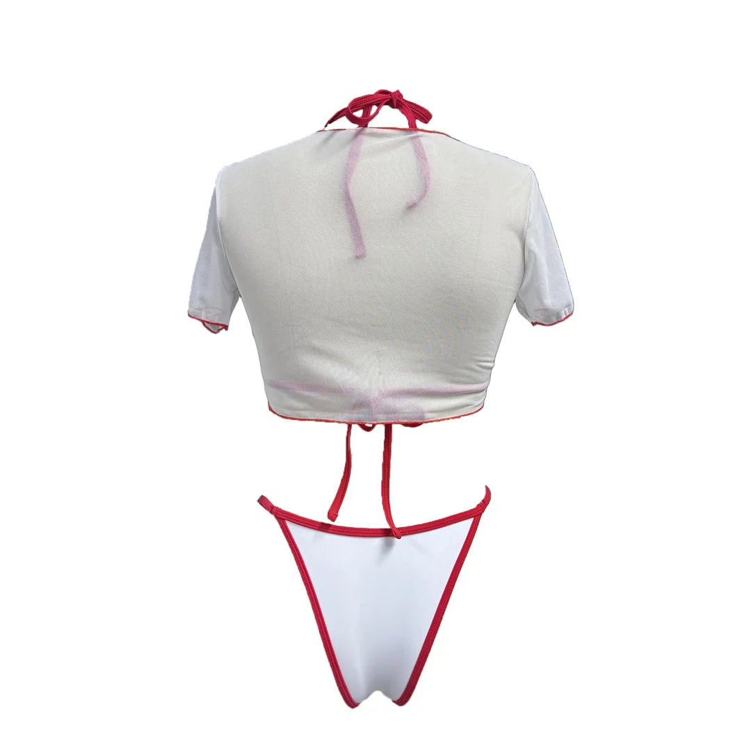 XS - L Cherry Printed Short Sleeve Bikini Female Swimsuit Women Swimwear Three-pieces Bikini set Bather Bathing Suit Swim V6854