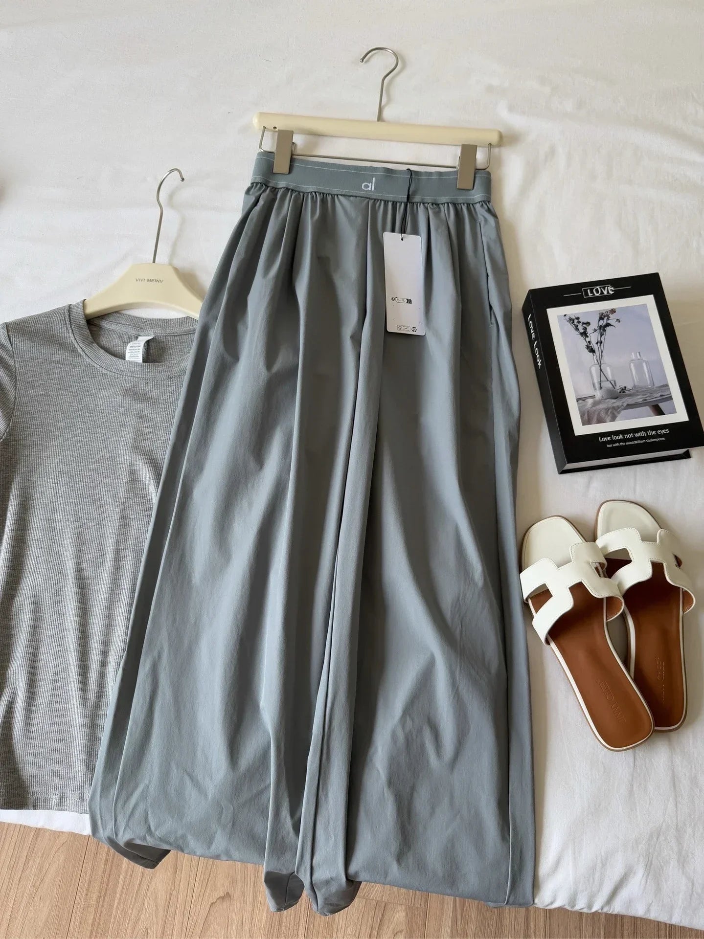 Elastic Waist Solid Fitness Joggers Trousers Women Yoga Sports Wide Leg Pants Women Thin Casual Loose Navy Blue Baggy Sweatpants