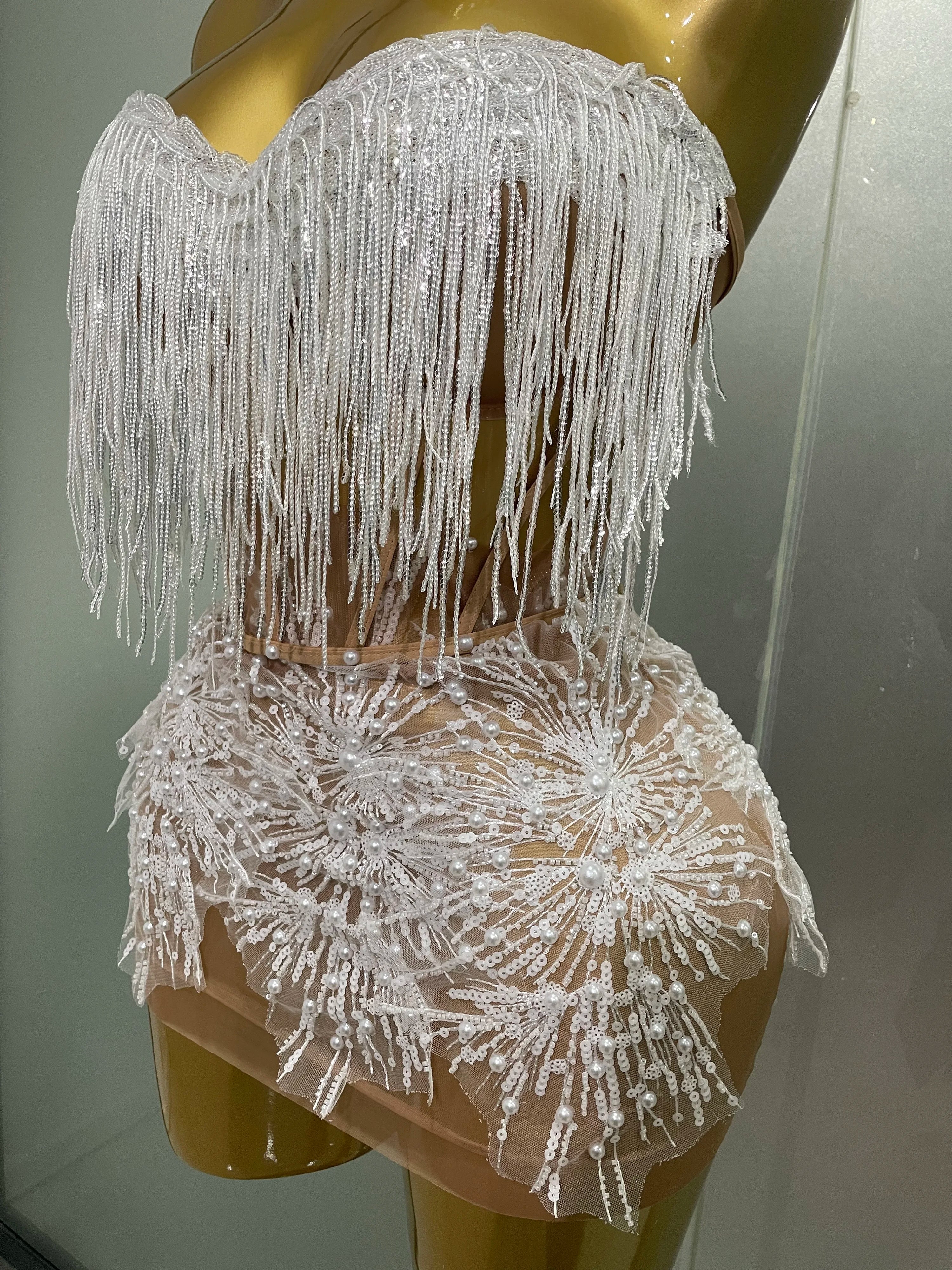 2025 Sexy Pearl Sequins Tassel Sleeveless Glitter Mini Dress Women Singer Bar Nightclub Stage Performance Clothing Show Outfit