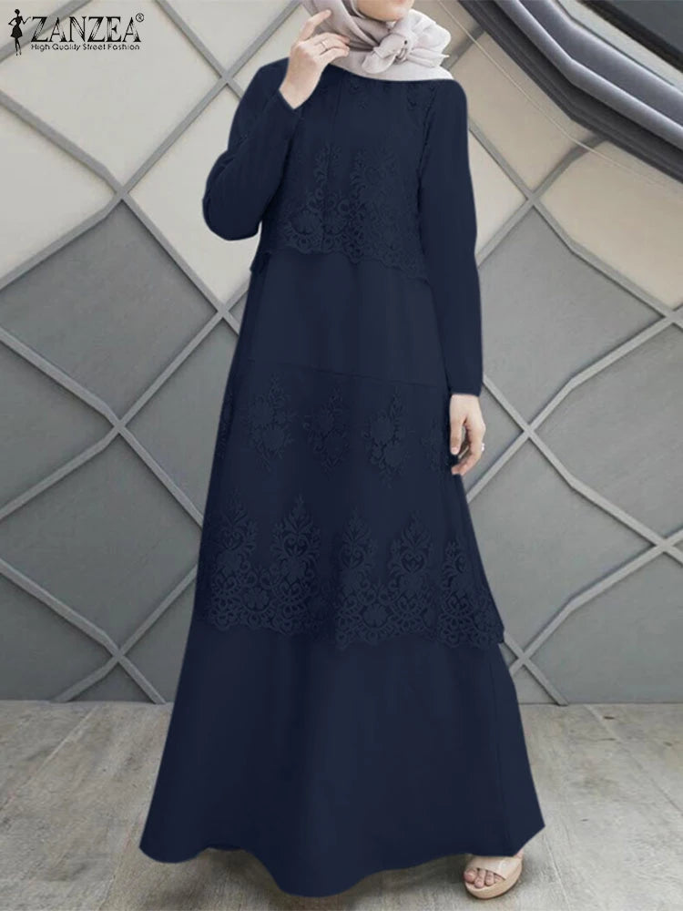 ZANZEA Autumn Lace Patchwork Maxi Dresses Muslim Abaya Hijab Dress Women Long Sleeve O Neck IsIamic Robe Vestidos Kaftan 2025