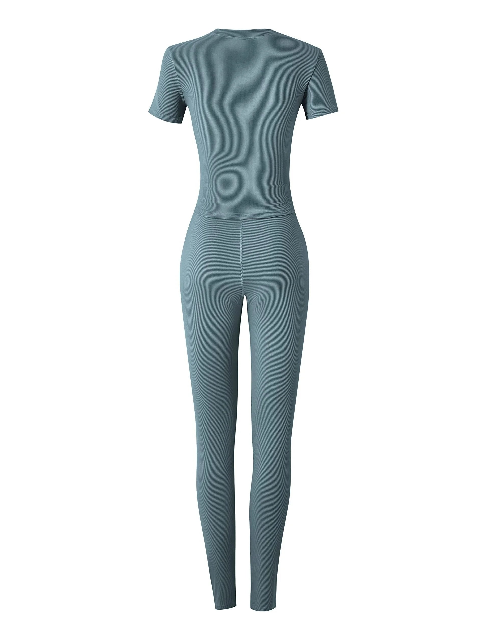 New style Lounge Wear Ribbed Casual 2 Piece Summer Shorts Set For Women Sleeve Top+Elastic Leggings Outfits