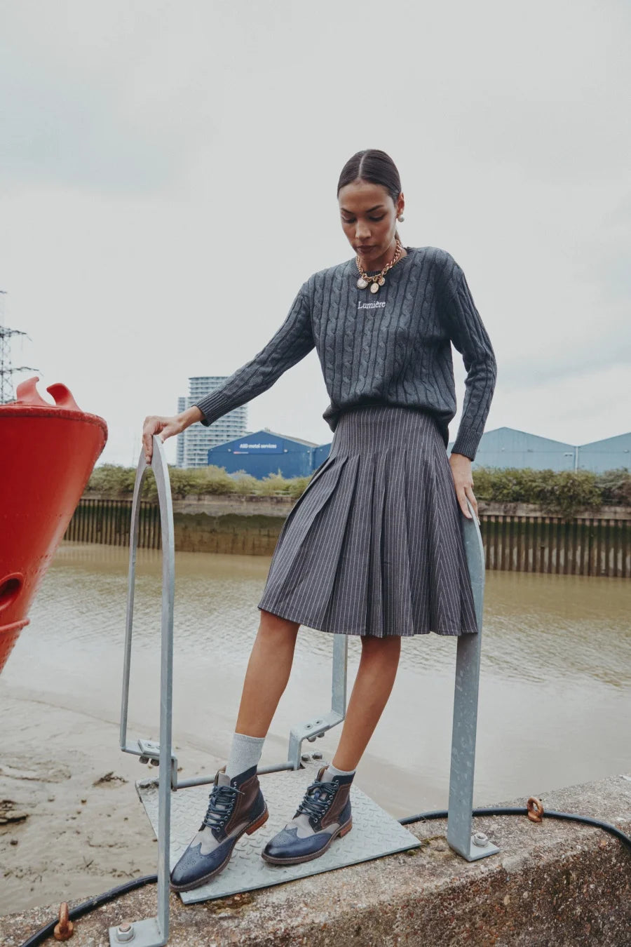 AS AW25 pinstripe collection slip dress + knit mockneck top + embroidery cableknit + stripe pleat skirt