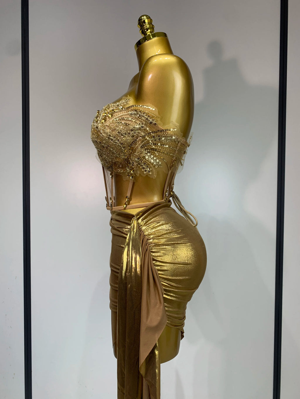 Women Sexy Strapless Sequins Rhinestone Gold Dress Glitter Top Two Pieces Sets Birthday Evening Party Club Singer Stage Outfit