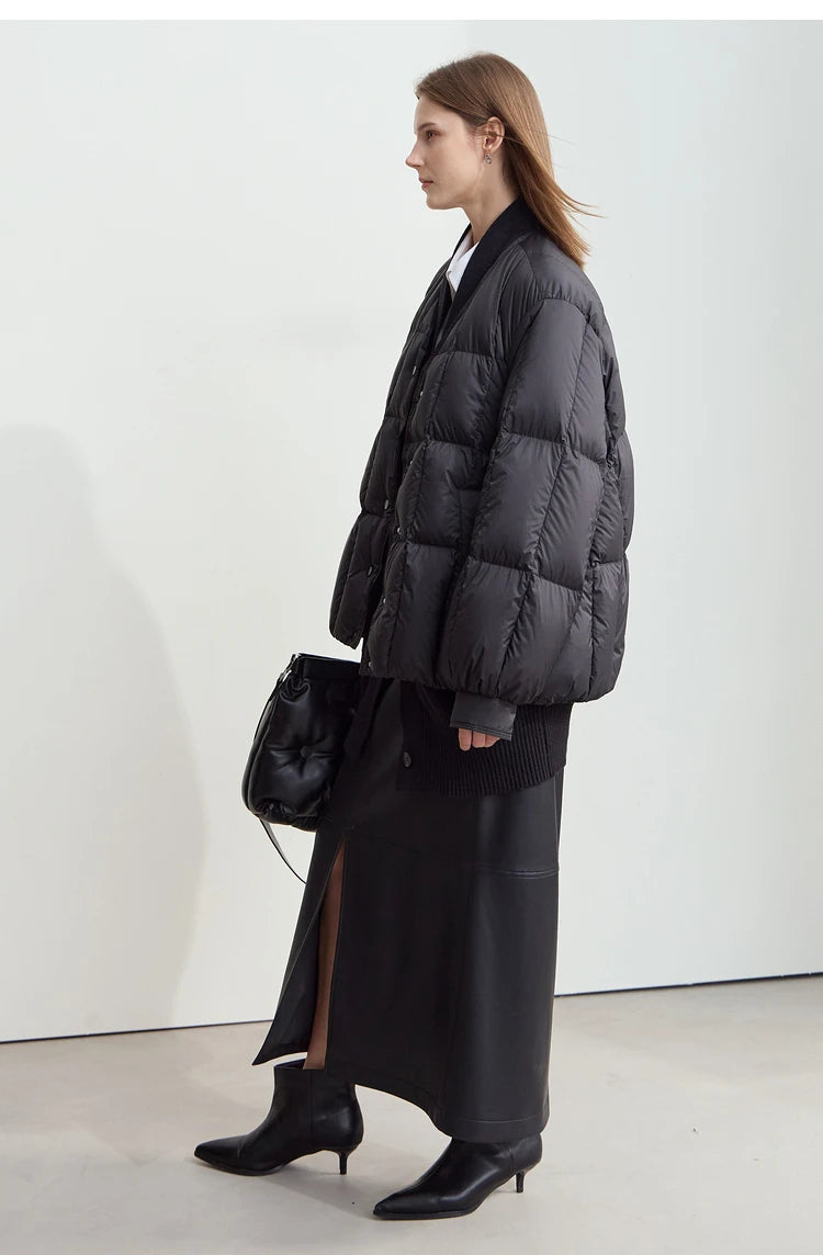 AMII 2024 Winter New Women's Shoulder Sleeves Thickened Collision Material Splicing Wool Fake Two-piece Down Jacket 12444054