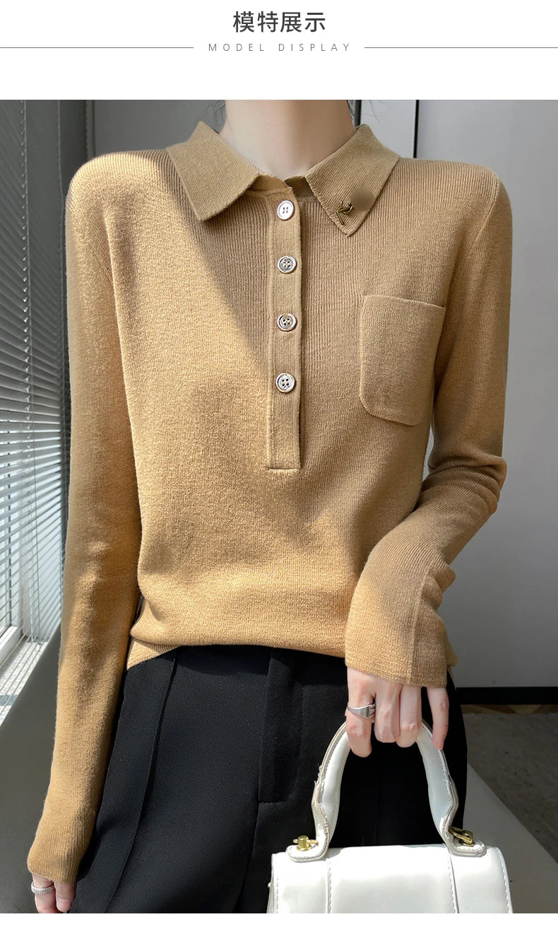 Women 100% Pure Merino Wool Soft Sweater Polo Collar Pullover Autumn Winter Casual Knit Tops Solid Color Regular Female Knitwear