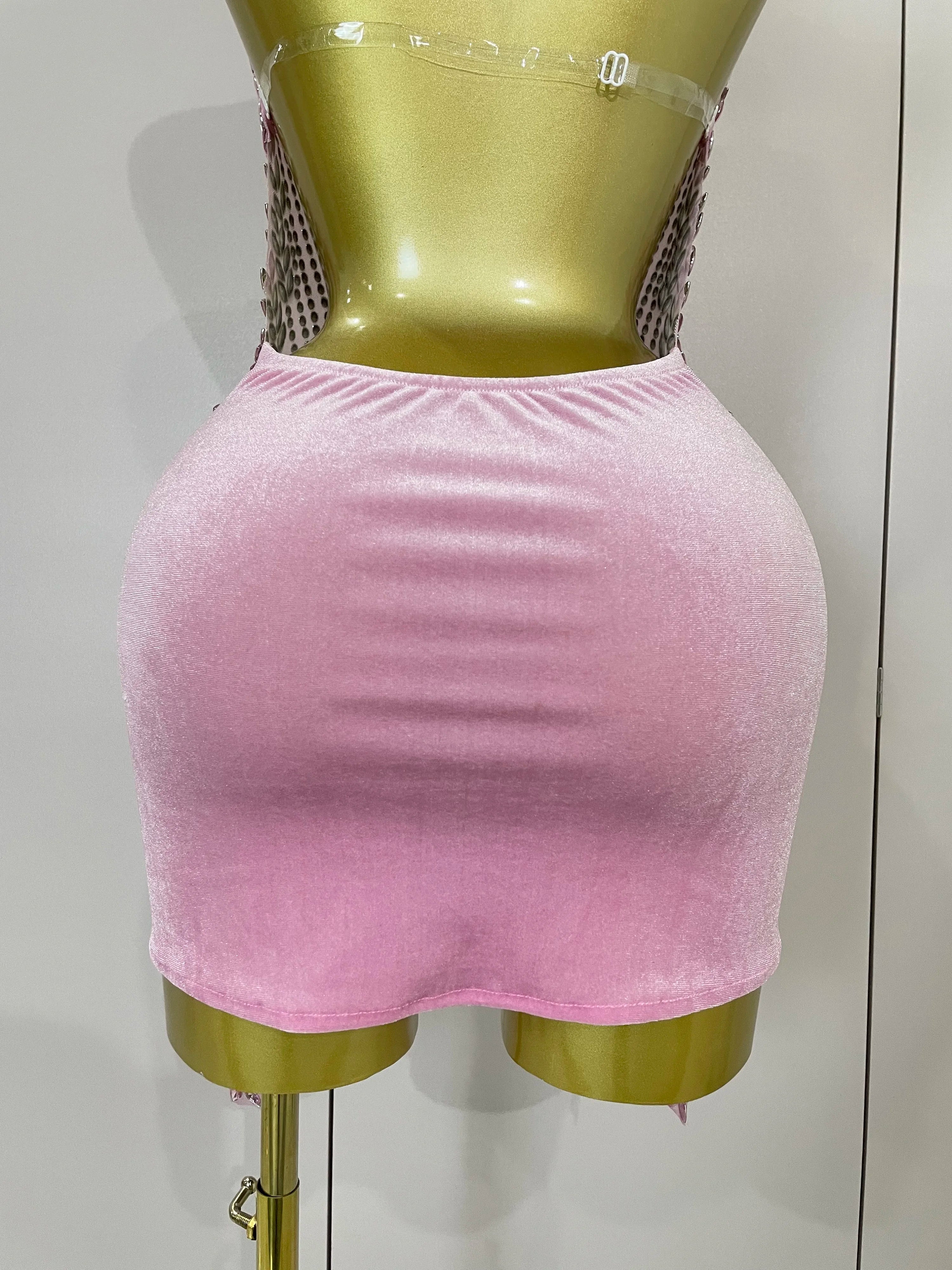 2025 New Sexy Sparkly Rhinestones Halter Backless Mesh Velour Short Dress Women Evening Prom Celebrate Birthday Party Stage Wear