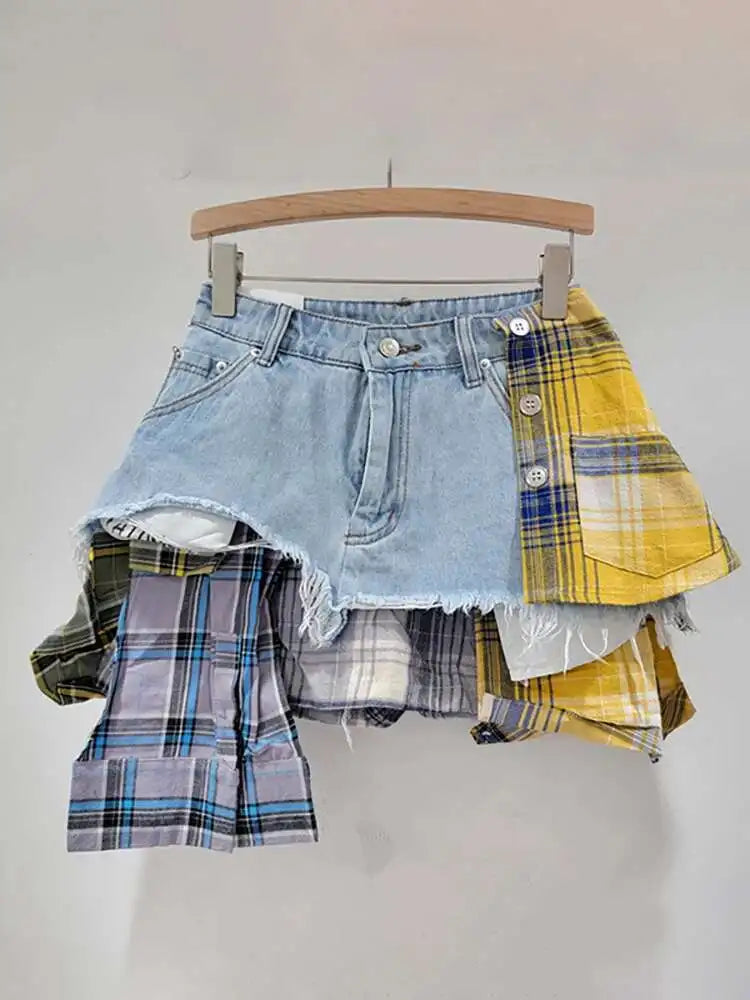 DEAT Women's Denim Skirt Colored Plaid Patchwork Irregular Deconstructed A-line High Waist Mini Skirt 2025 Summer New Fashion
