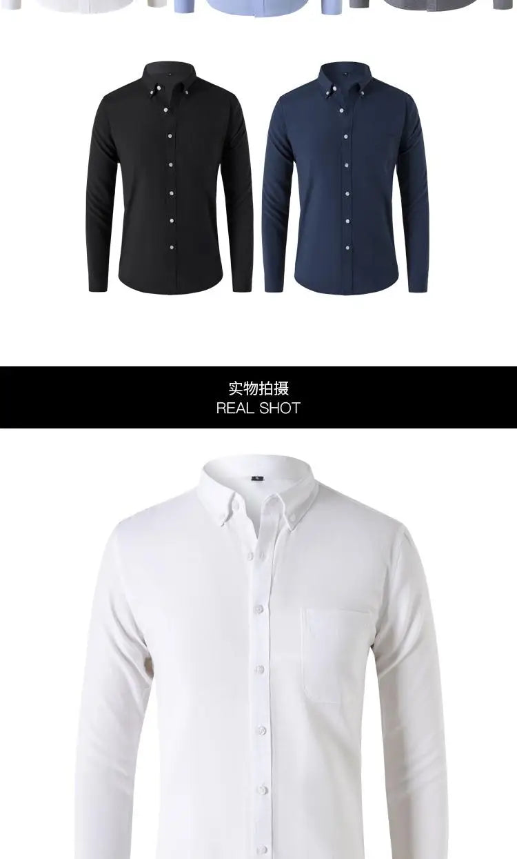 M-5XL Spring and Autumn Men's Shirt Oxford Cotton Fabric Shirt Long Sleeve Solid Color Polo Neck Shirt Business Casual Fit Top