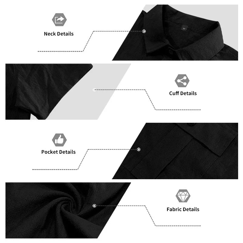 Men's Cotton Linen Short-Sleeved Shirt Summer Solid Color Stand-Up Collar Casual Beach Style plus Size S-5XL