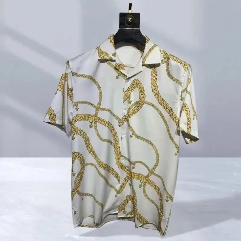 2025 men's high-quality short sleeved shirt with luxurious golden Baroque string print, Cuban collar shirt, suitable for street