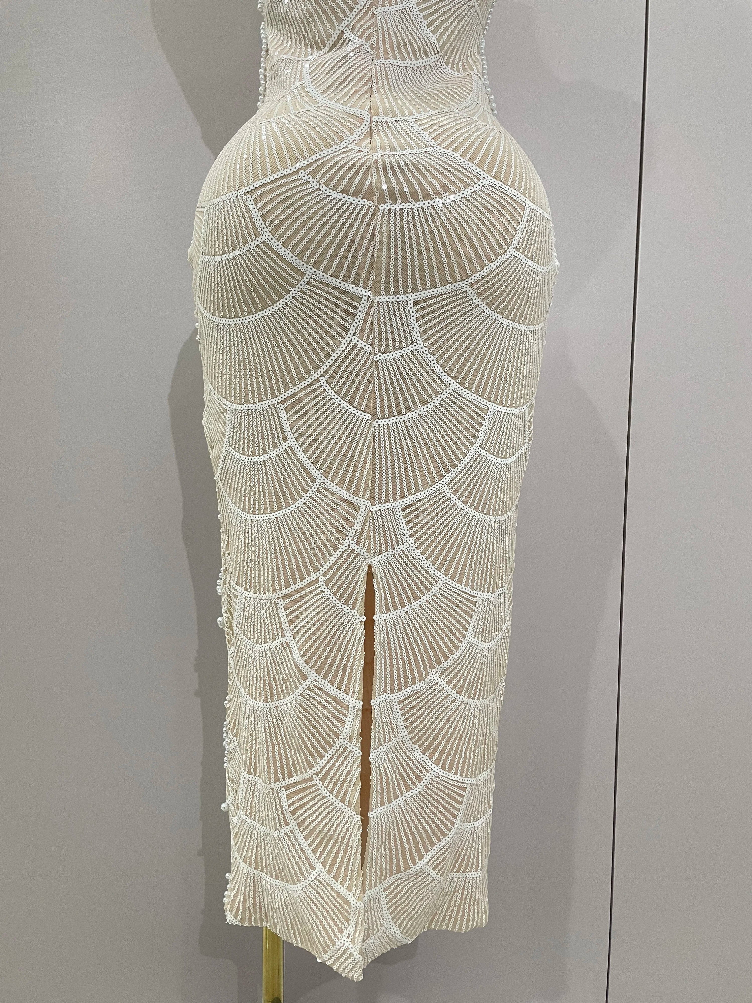 Women Hot Sale Sleeveless Sexy Strap Pearl Beading Sequins Bodycon Long Dress Celebrate Evening Party Birthday Outfit Vestido