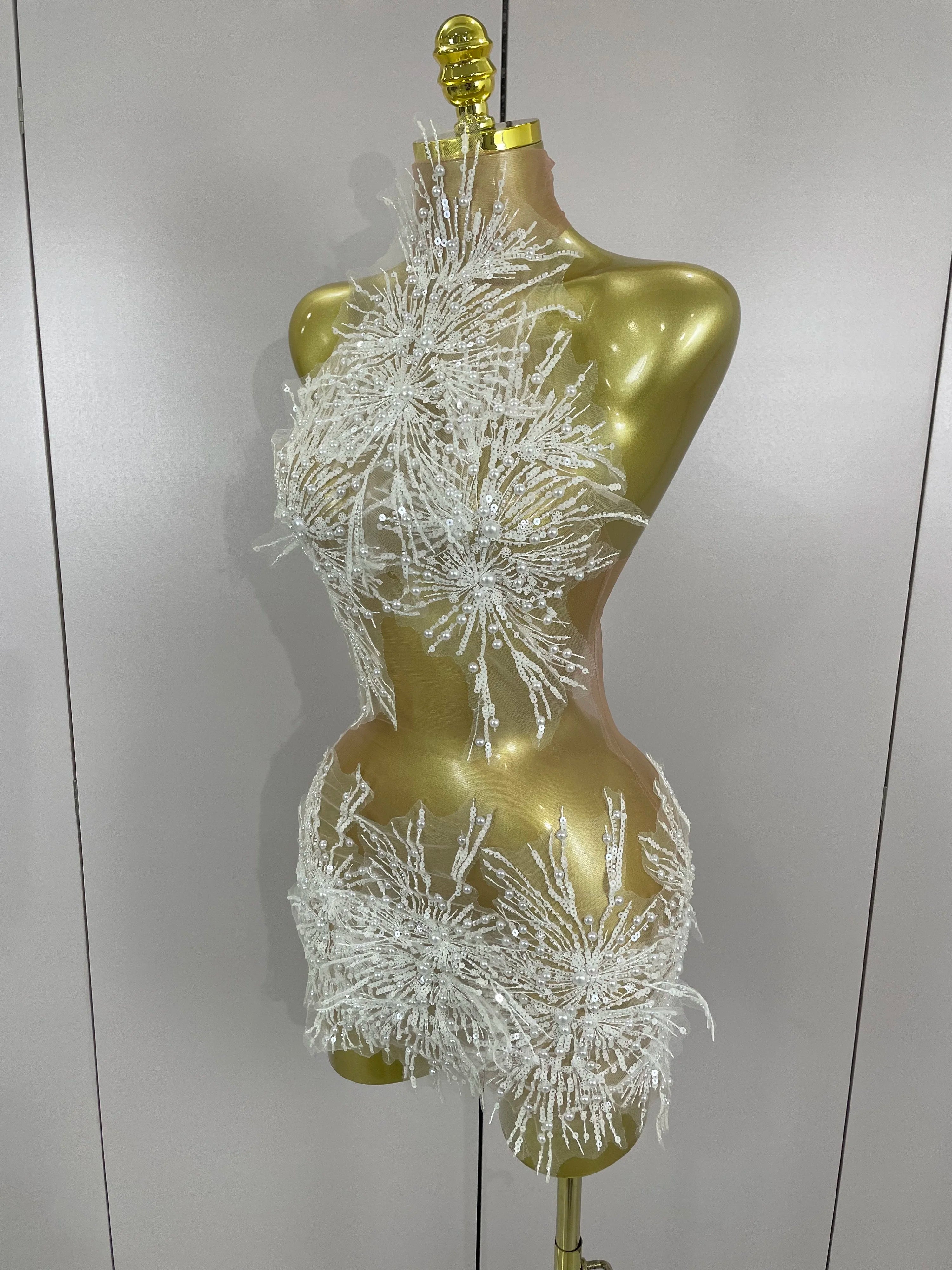 2025 Sexy Pearl Sequins Tassel Sleeveless Glitter Mini Dress Women Singer Bar Nightclub Stage Performance Clothing Show Outfit