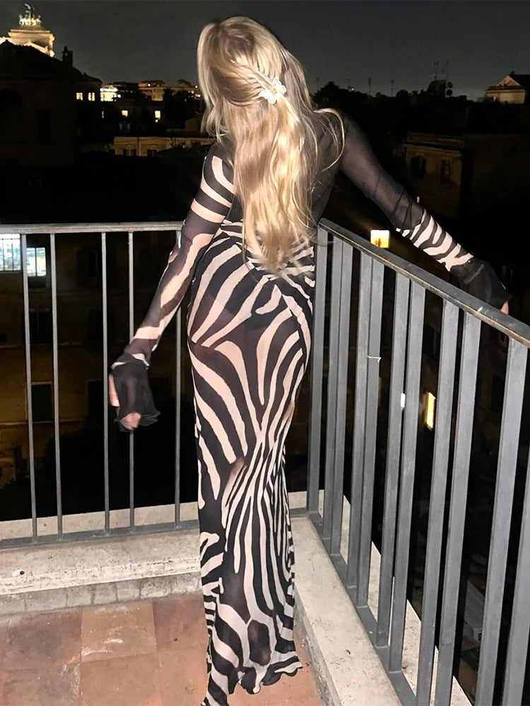 Cutenew Patchwork Print Women Dresses Elegant Vintage Low V-Neck Full Sleeve Straight Maxi Bodycon Female High Street Party Robe