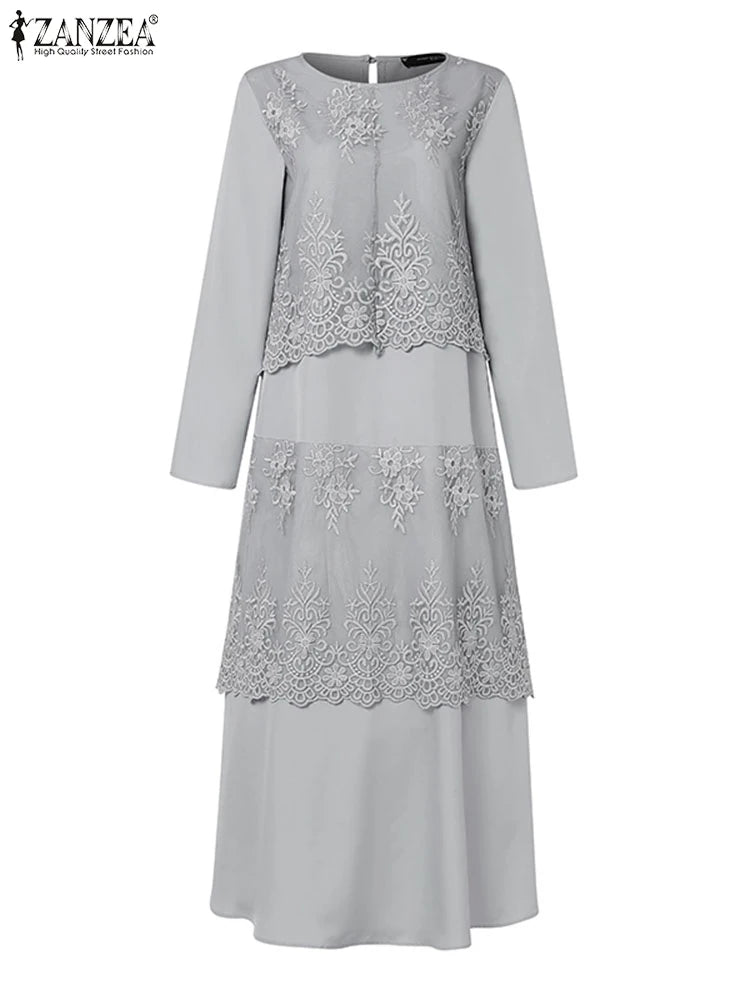 ZANZEA Autumn Lace Patchwork Maxi Dresses Muslim Abaya Hijab Dress Women Long Sleeve O Neck IsIamic Robe Vestidos Kaftan 2025