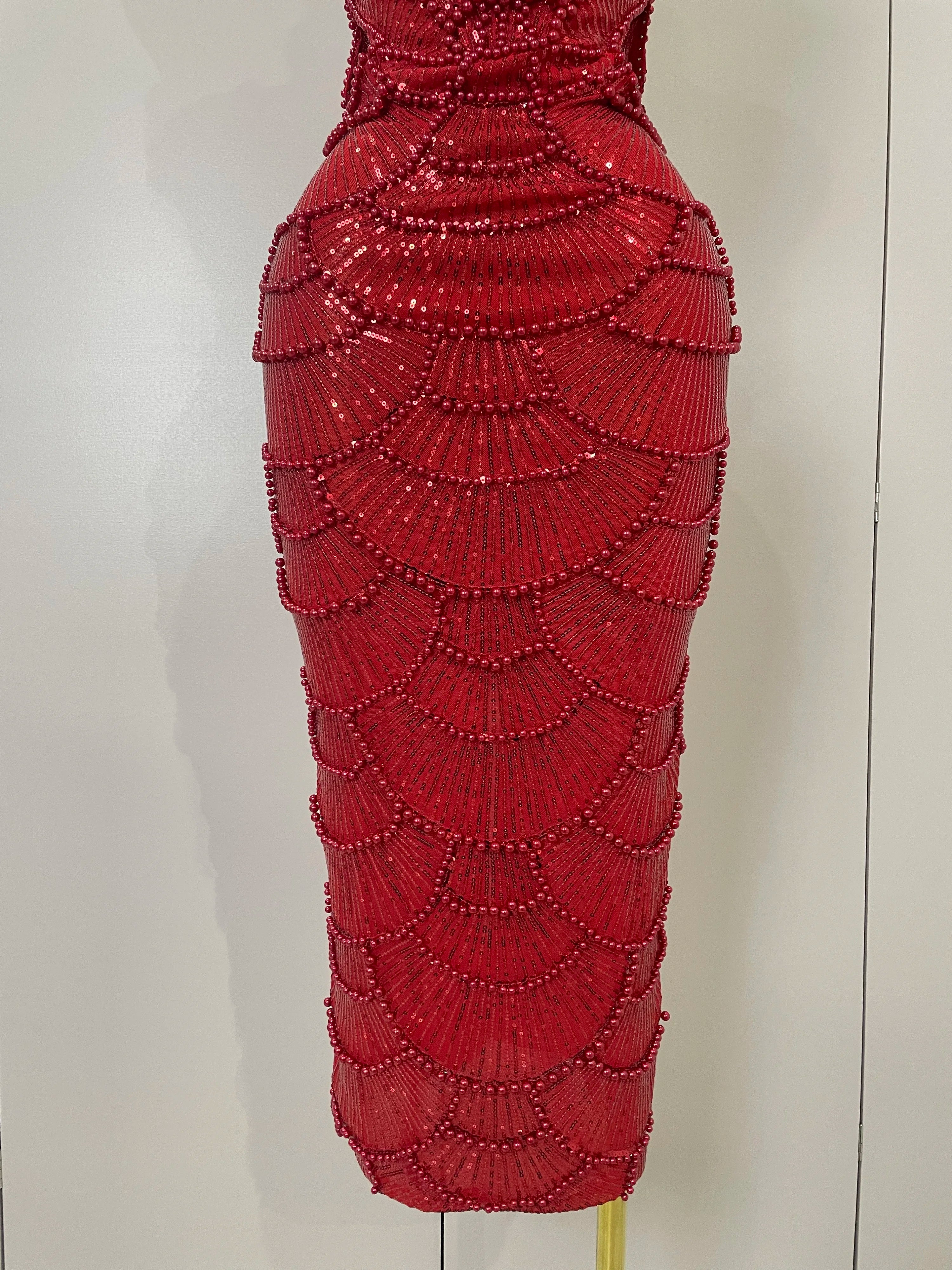 Women Hot Sale Sleeveless Sexy Strap Pearl Beading Sequins Bodycon Long Dress Celebrate Evening Party Birthday Outfit Vestido