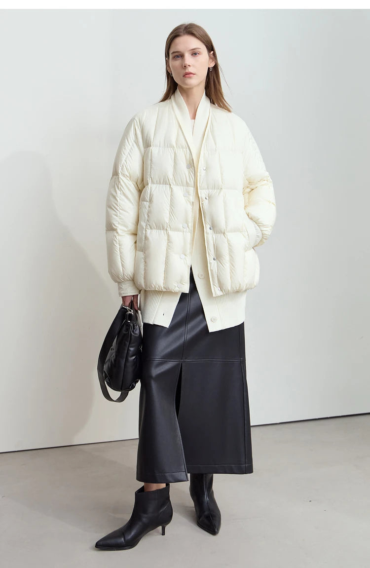 AMII 2024 Winter New Women's Shoulder Sleeves Thickened Collision Material Splicing Wool Fake Two-piece Down Jacket 12444054