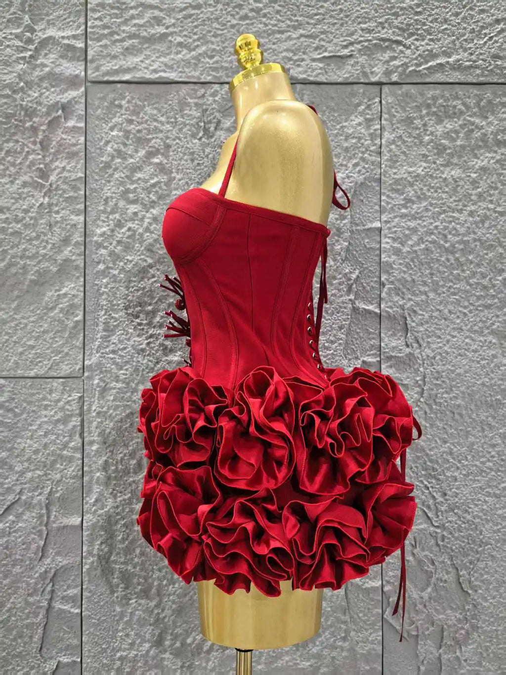 Red Color Women Sexy Halter Full Florals 2 Pieces Bodycon Mini Bandage Dress Celebrate Nightclub Party Birthday Dress