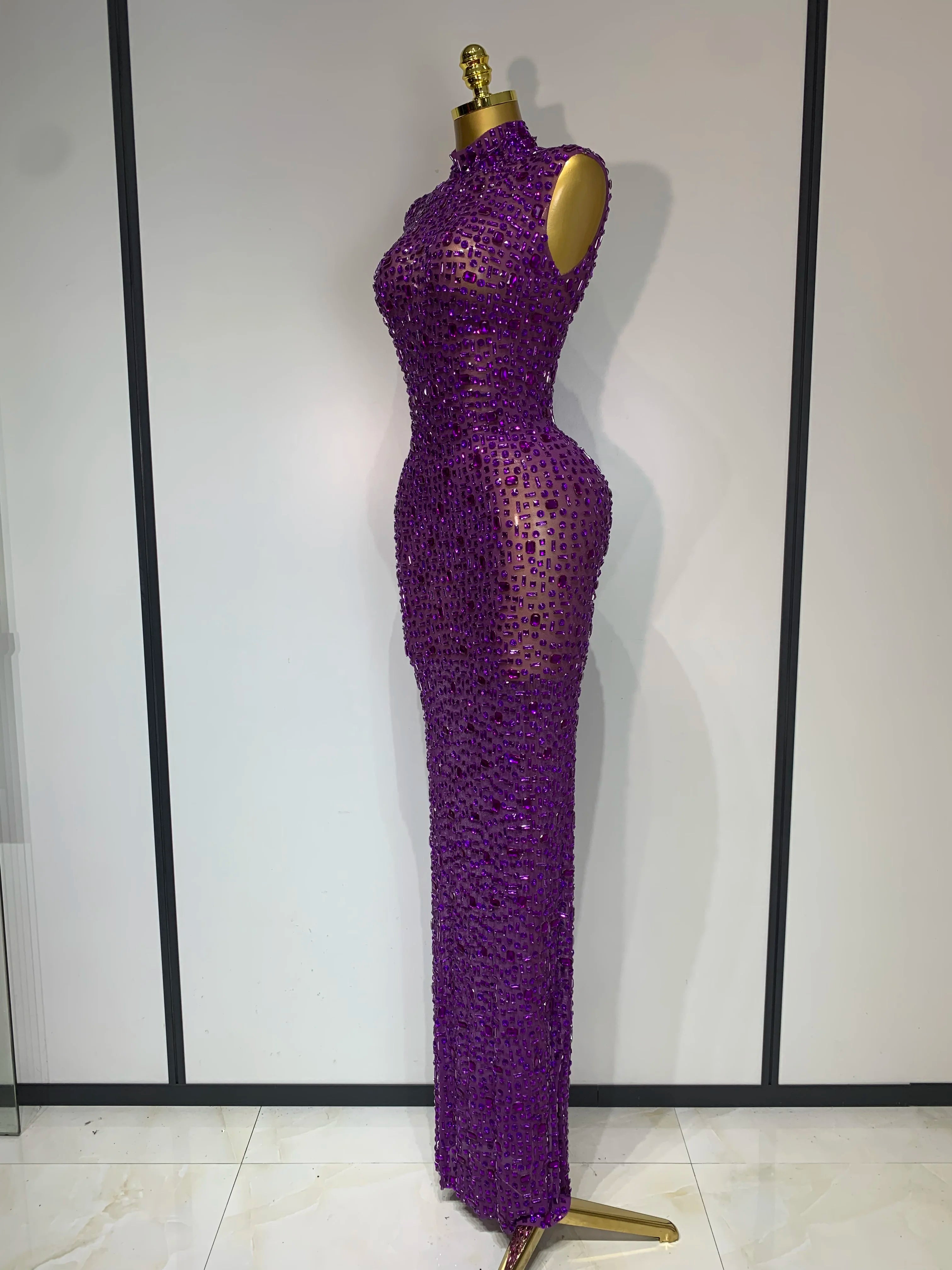 Sparkly Rhinestone Sleeveless Stretch Long Dress Women Sexy Mesh Celebrate Evening Prom Luxury Birthday Dress Evening Party Wear