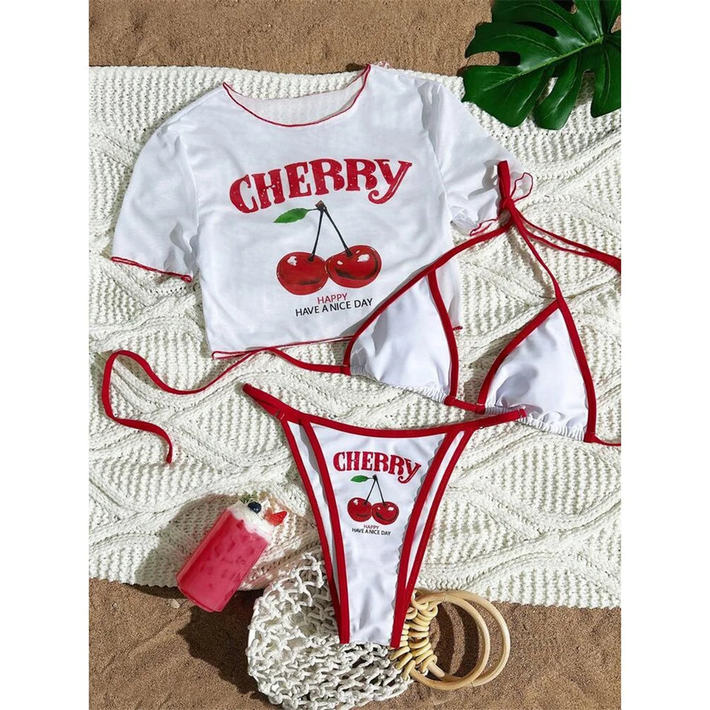 XS - L Cherry Printed Short Sleeve Bikini Female Swimsuit Women Swimwear Three-pieces Bikini set Bather Bathing Suit Swim V6854