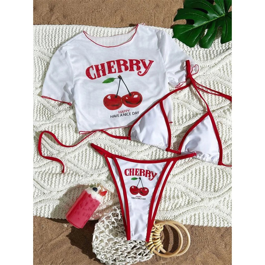 XS - L Cherry Printed Short Sleeve Bikini Female Swimsuit Women Swimwear Three-pieces Bikini set Bather Bathing Suit Swim V6854