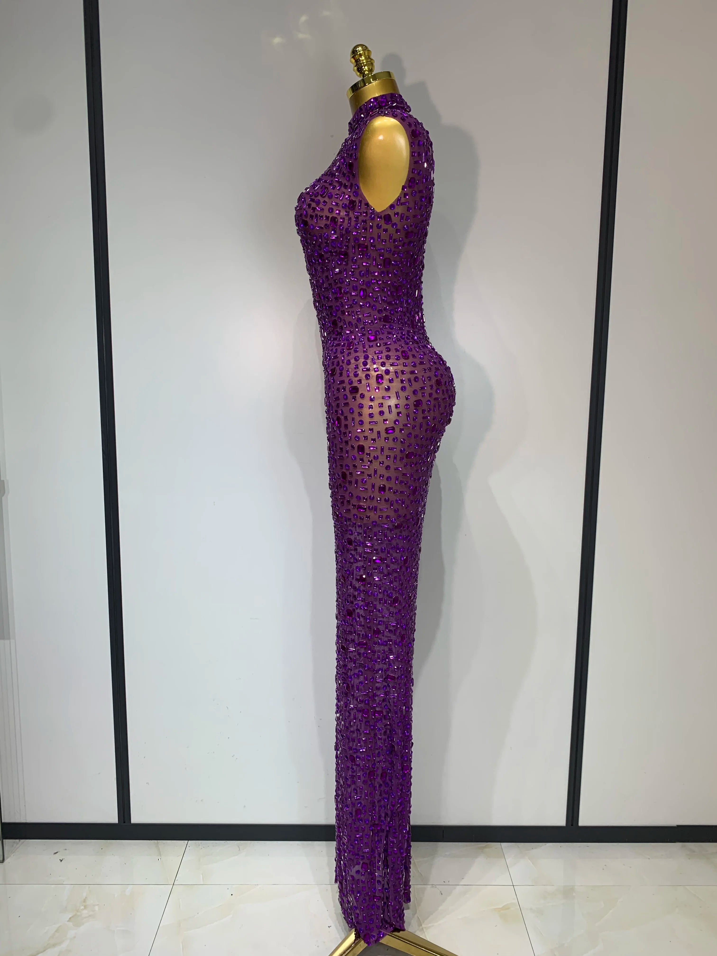 Sparkly Rhinestone Sleeveless Stretch Long Dress Women Sexy Mesh Celebrate Evening Prom Luxury Birthday Dress Evening Party Wear