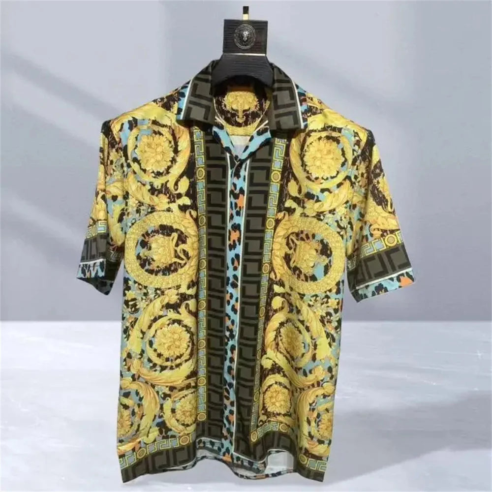 2025 men's high-quality short sleeved shirt with luxurious golden Baroque string print, Cuban collar shirt, suitable for street