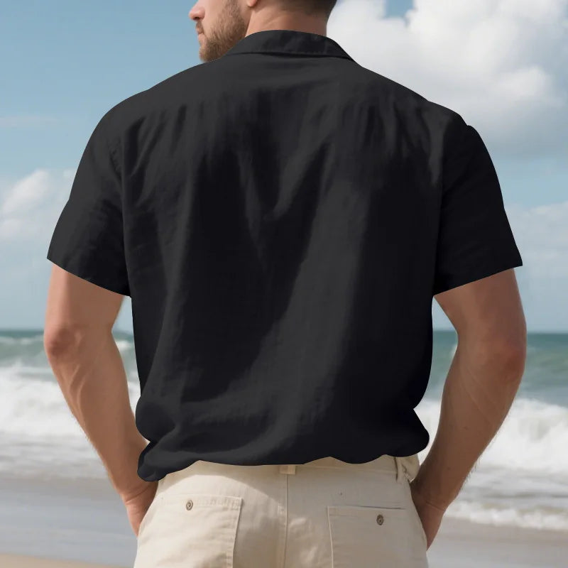 Men's Cotton Linen Short-Sleeved Shirt Summer Solid Color Stand-Up Collar Casual Beach Style plus Size S-5XL