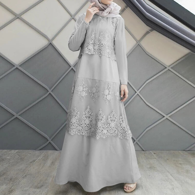 ZANZEA Autumn Lace Patchwork Maxi Dresses Muslim Abaya Hijab Dress Women Long Sleeve O Neck IsIamic Robe Vestidos Kaftan 2025