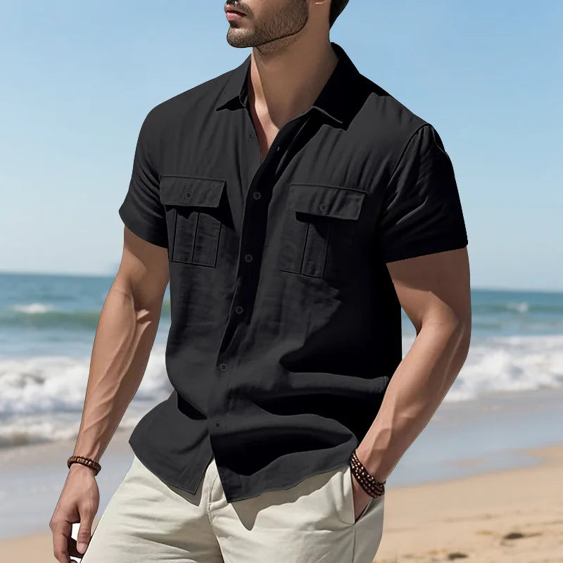 Men's Cotton Linen Short-Sleeved Shirt Summer Solid Color Stand-Up Collar Casual Beach Style plus Size S-5XL