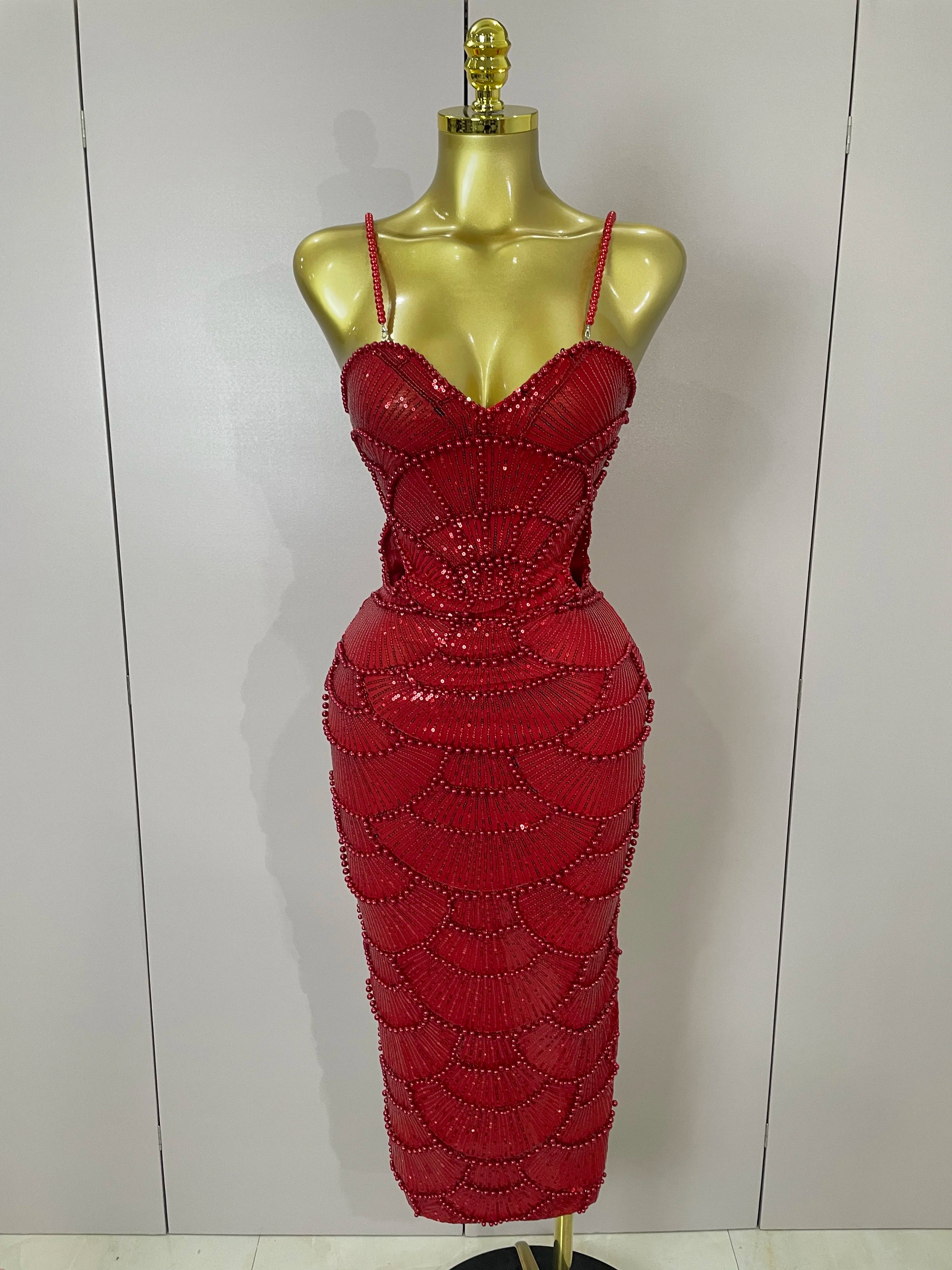 Women Hot Sale Sleeveless Sexy Strap Pearl Beading Sequins Bodycon Long Dress Celebrate Evening Party Birthday Outfit Vestido