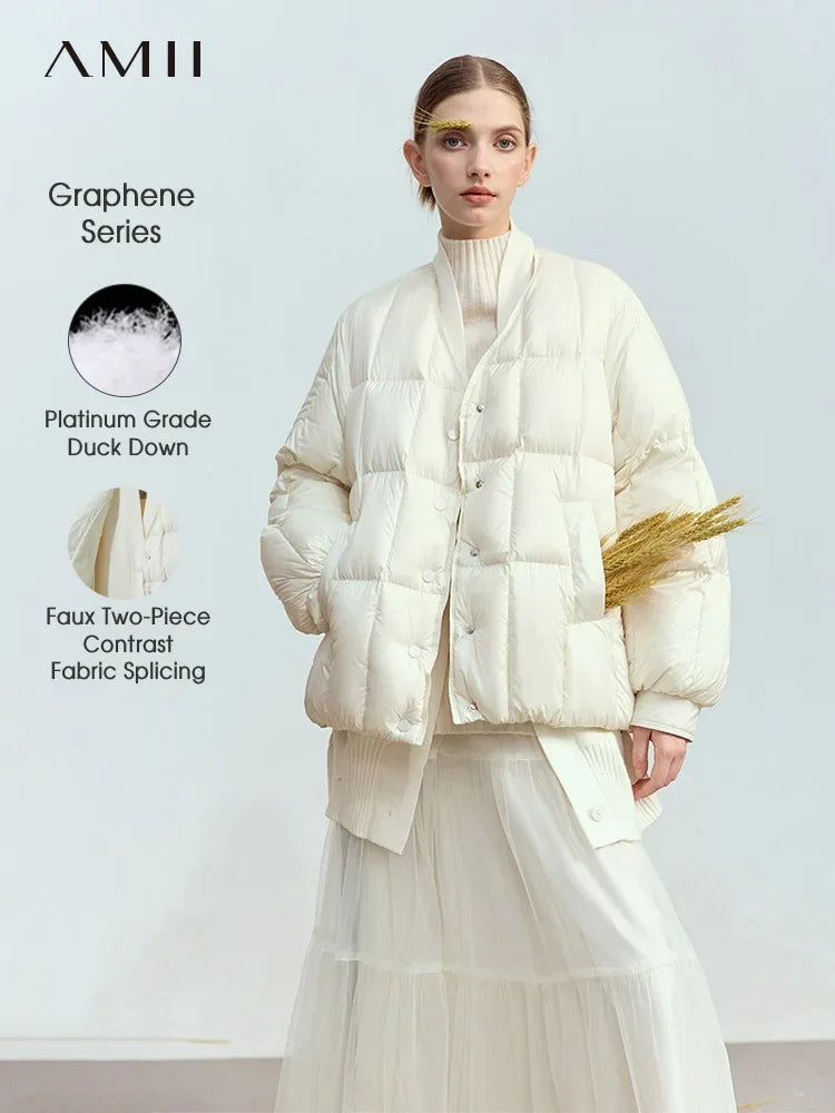 AMII 2024 Winter New Women's Shoulder Sleeves Thickened Collision Material Splicing Wool Fake Two-piece Down Jacket 12444054